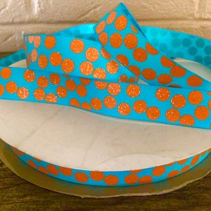 7/8” Orange Glitter Dots on Aqua Grosgrain Ribbon