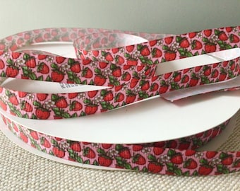5/8” Strawberries on Pink Grosgrain Ribbon By The Yard