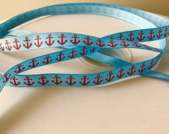 3/8" Red Anchors on Carolina Blue Grosgrain Ribbon