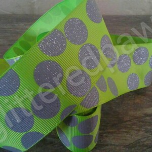 1.5&quot; Grey Glitter Dots on Lime Grosgrain Ribbon