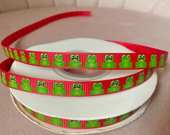 3/8” Frogs on Red Grosgrain Ribbon By The Yard