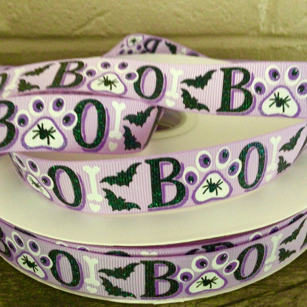 7/8” Halloween Paw Print Boo on Lavender Grosgrain Ribbon