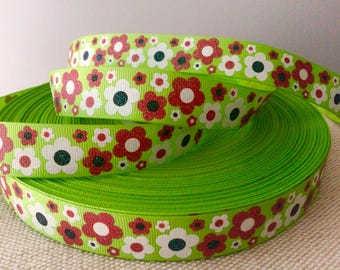 7/8” Summer Flowers on Apple Green Grosgrain Ribbon