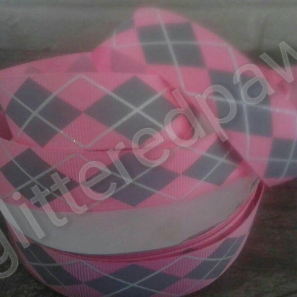 7/8" Pink and Grey Argyle Grosgrain Ribbon