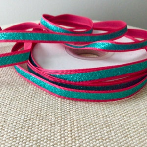 3/8&quot; Aqua Glitter Stripe on Shocking Pink Grosgrain Ribbon
