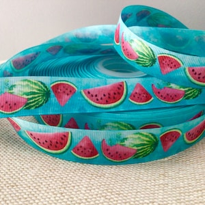 7/8” Watermelon on Aqua Grosgrain Ribbon