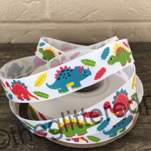 7/8” Dinosaurs on White Grosgrain Ribbon