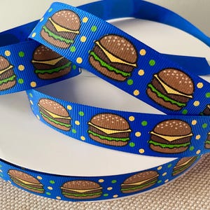 7/8” Hamburgers on Blue Grosgrain Ribbon By The Yard