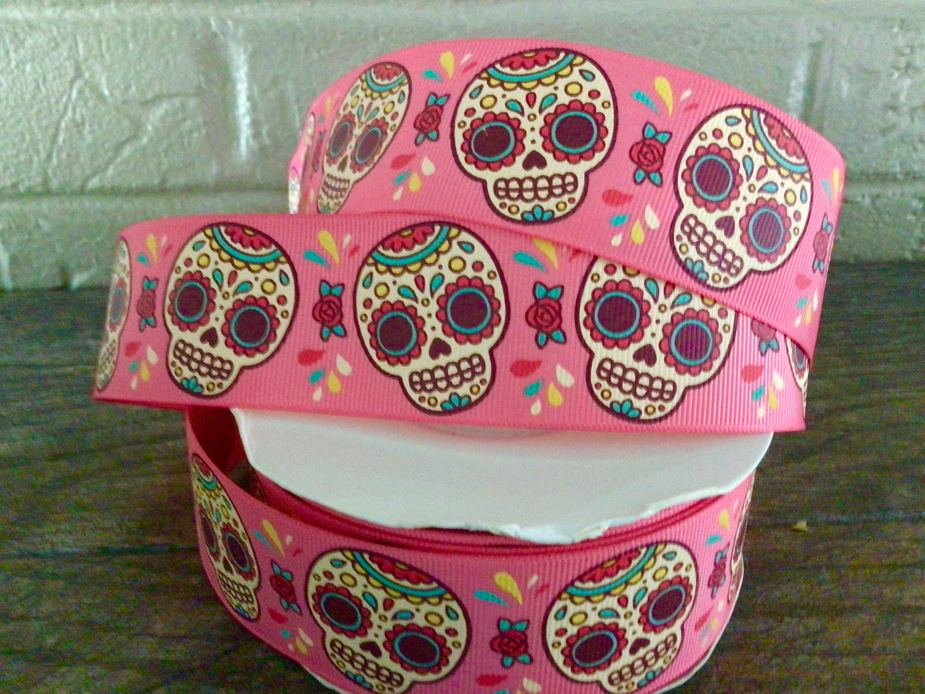 1.5” Sugar Skulls on Coral Pink Grosgrain Ribbon By The Yard