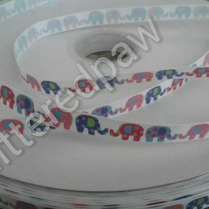 3/8&quot; Bright Polka Dot Elephants on White Grosgrain Ribbon