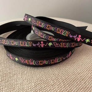 3/8” Halloween Neon Trick or Treat Grosgrain Ribbon By The Yard