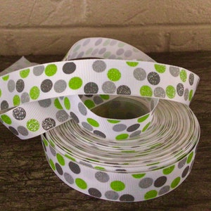 7/8” Green and Grey Glitter Dots Grosgrain Ribbon