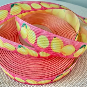 7/8” Lemons on Pink Grosgrain Ribbon By The Yard