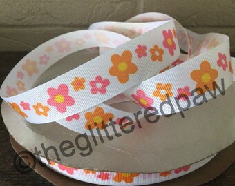 7/8” Pink and Orange Flowers Grosgrain Ribbon