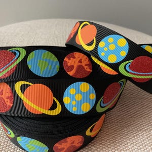7/8&quot; Solar System  on Black Grosgrain Ribbon By The Yard