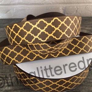 7/8” Gold Quatrefoil on Brown Grosgrain Ribbon