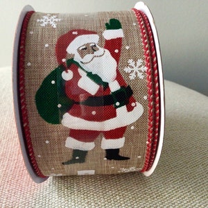 2 1/2” Christmas Santa on Tan Burlap Wired Ribbon Roll