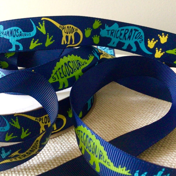 7/8” Named Dinosaurs on Blue Grosgrain Ribbon