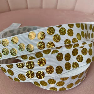 7/8" Gold Foil Dots on White Grosgrain Ribbon By The Yard
