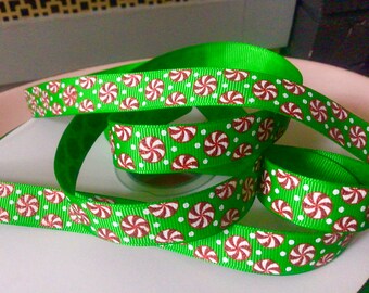 5/8” Christmas Peppermints on Christmas Green Grosgrain Ribbon