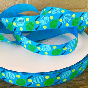 7/8” Tennis Rackets on Aqua Blue Grosgrain Ribbon