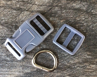 3/4”  Grey Dog Collar Hardware- 1” Buckle, Tri Glide Slide and Welded Metal D Ring