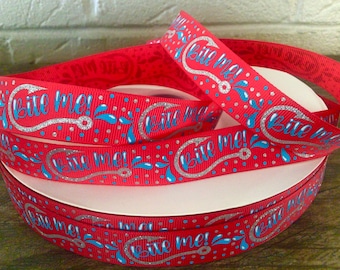 7/8” Fish Hook Bite Me on Red Grosgrain Ribbon