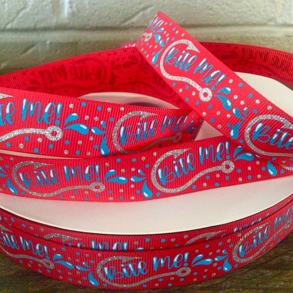 7/8” Fish Hook Bite Me on Red Grosgrain Ribbon