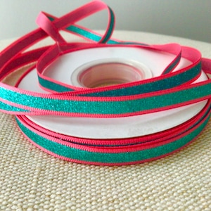 3/8&quot; Aqua Glitter Stripe on Deep Pink Coral Grosgrain Ribbon