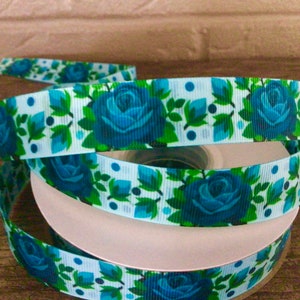 7/8” Teal Roses on Light Teal Grosgrain Ribbon