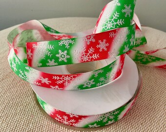 7/8" White Snowflakes on Christmas Ombre Grosgrain Ribbon By The Yard
