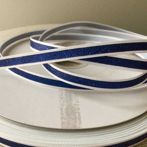 3/8&quot; Navy Blue Glitter Stripe on White Grosgrain Ribbon