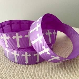 7/8” White Glitter Cross on Grape Grosgrain Ribbon