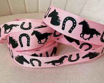7/8” Horses and Horseshoes on Light Pink  Grosgrain Ribbon By The Yard
