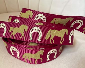7/8” Horses and Horseshoes on Wine Grosgrain Ribbon By The Yard