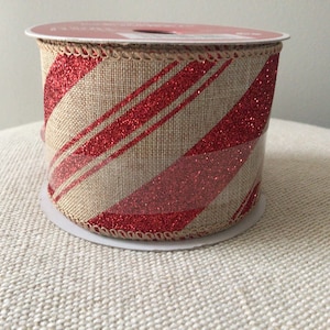 2 1/2” Red Glitter Diagonal Stripe on Tan Wired Ribbon Roll