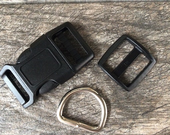 1" Black Dog Collar Hardware - 1" Buckle, Tri- Glide Slide and Metal D Ring