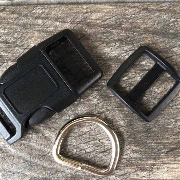 1" Black Dog Collar Hardware - 1" Buckle, Tri- Glide Slide and Metal D Ring