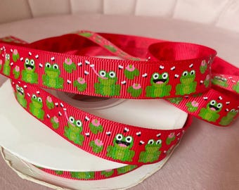 5/8” Frogs on Red Grosgrain Ribbon By The Yard