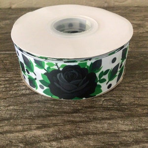 1.5” Black Roses on White Grosgrain Ribbon