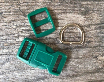 5/8” Green Dog Collar Hardware- 5/8” Buckle, Tri Glide Slide and Welded Metal D Ring