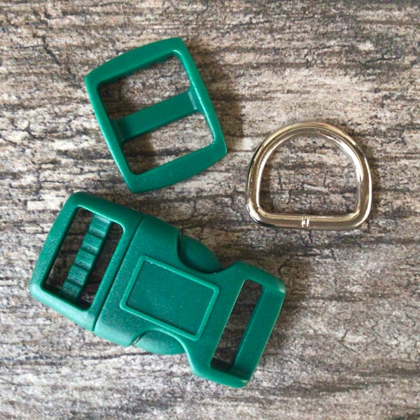 5/8” Green Dog Collar Hardware- 5/8” Buckle, Tri Glide Slide and Welded Metal D Ring