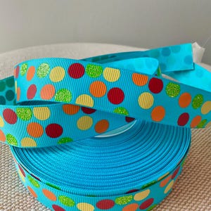 7/8&quot; Colorful Dots on Aqua Grosgrain Ribbon By The Yard