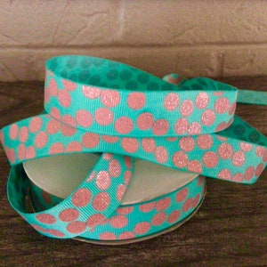 7/8” Coral Glitter Dots on Tropic Grosgrain Ribbon