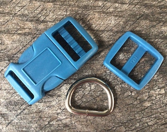 3/4” Blue Dog Collar Hardware- 3/4” Buckle, Tri Glide Slide and Welded Metal D Ring
