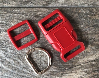 1" Red Dog Collar Hardware - 1" Buckle, Tri-Glide Slide and Metal D Ring