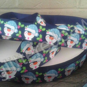 7/8&quot; Winter Penguins on Navy Blue Grosgrain Ribbon