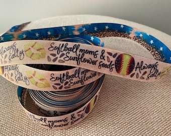 7/8” Softball Moms and Sunflower Seeds Grosgrain Ribbon By The Yard