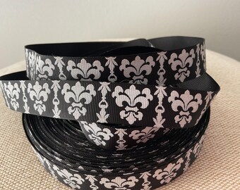 7/8” White Glitter Fleur De Lis on Black Grosgrain Ribbon By The Yard