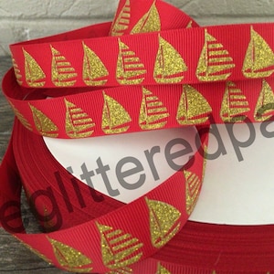 7/8” Gold Glitter Sailboats on Red Grosgrain Ribbon